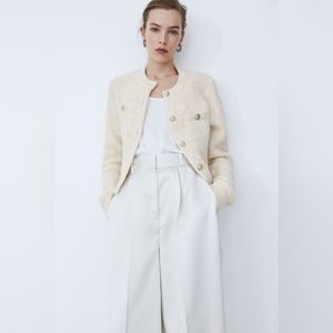H&M Boucle Cardigan Ivory White Fluffy Gold Button S Small 1201804001